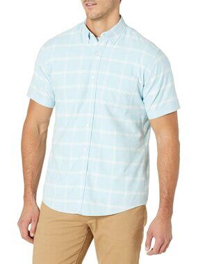 Men's Short-Sleeve Oxford Shirt with Pocket, Aqua Blue Windowpane, X-Large